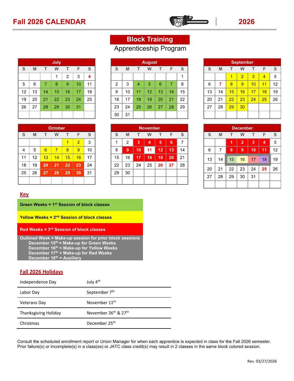 Apprentice Block Training Program - Fall 2026 Calendar