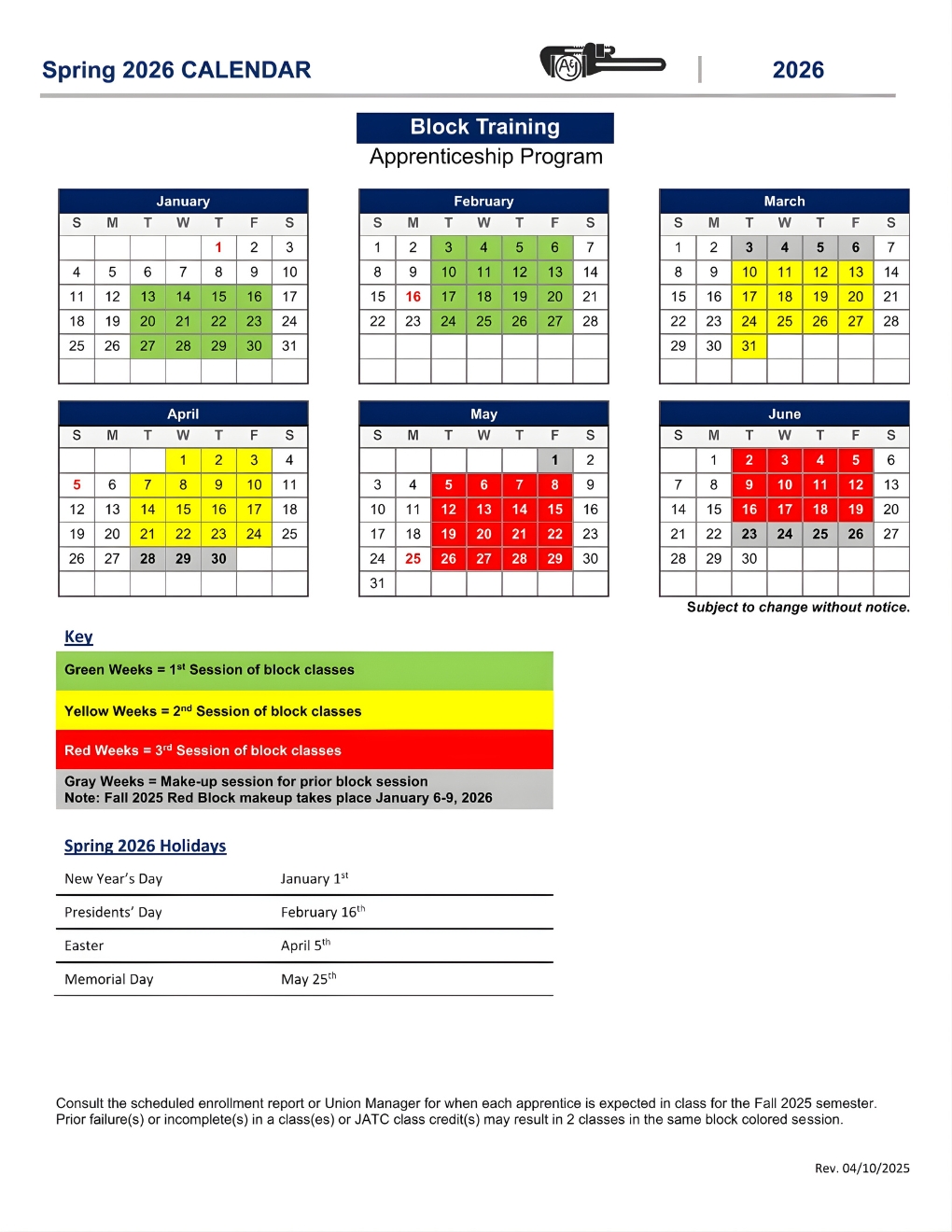 Apprentice Block Training Program - Spring 2026 Calendar