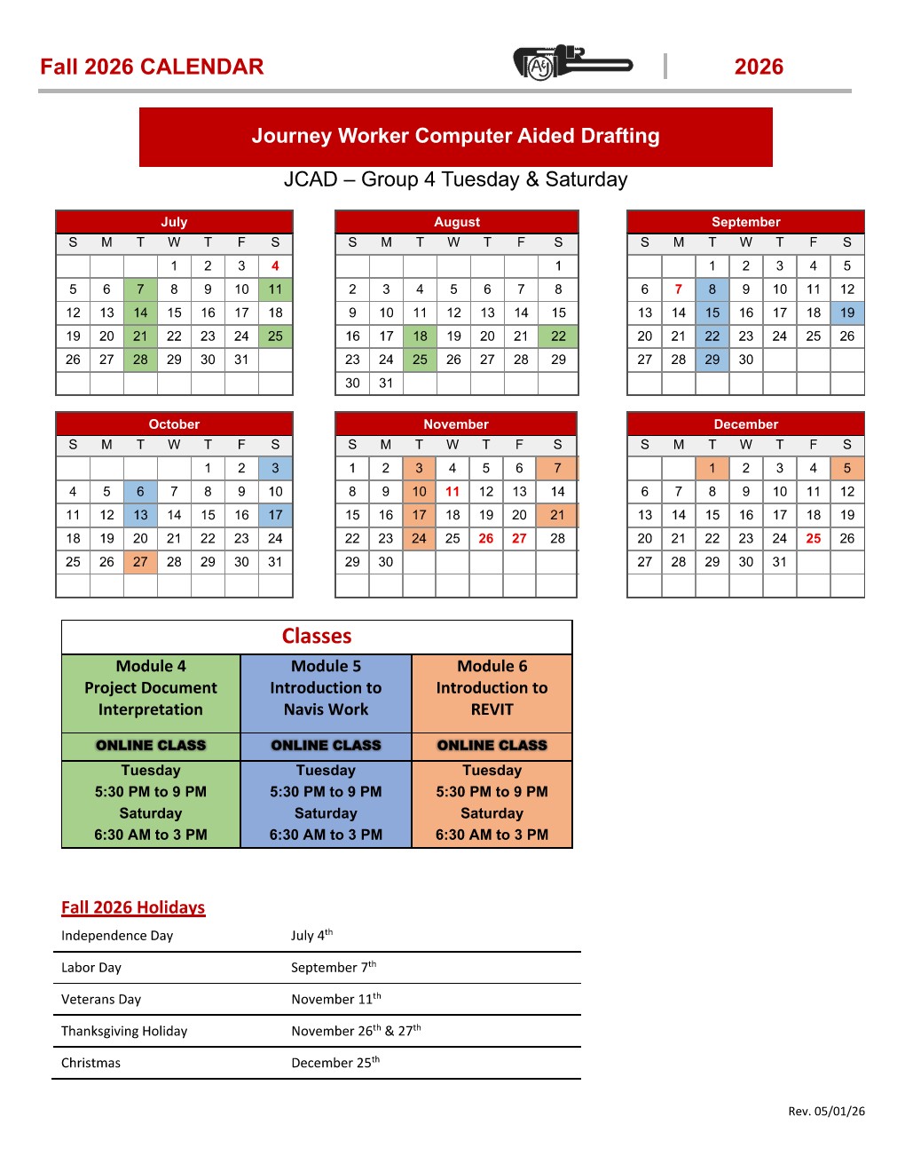 Fall 2026 Group 4 Calendar - Journey Worker Computer Aided Drafting