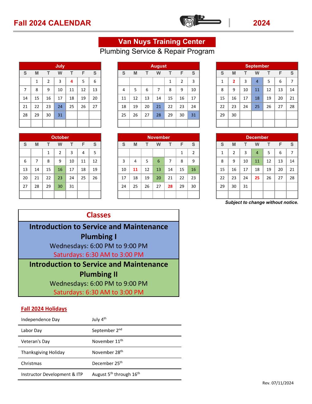 Current Service & Repair Calendar for Van Nuys