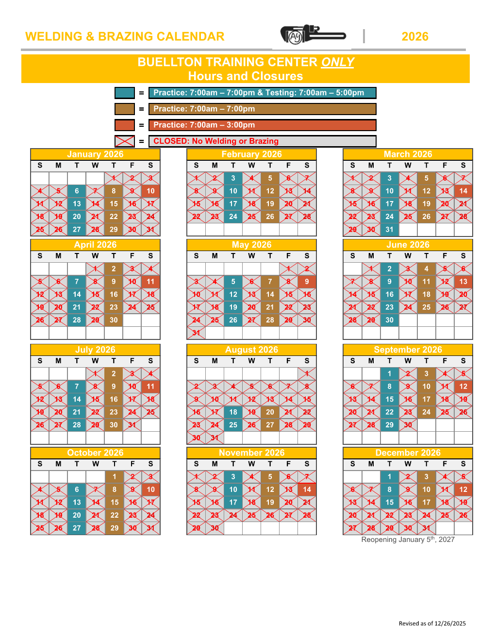 Buellton - 2026 Welding Calendar