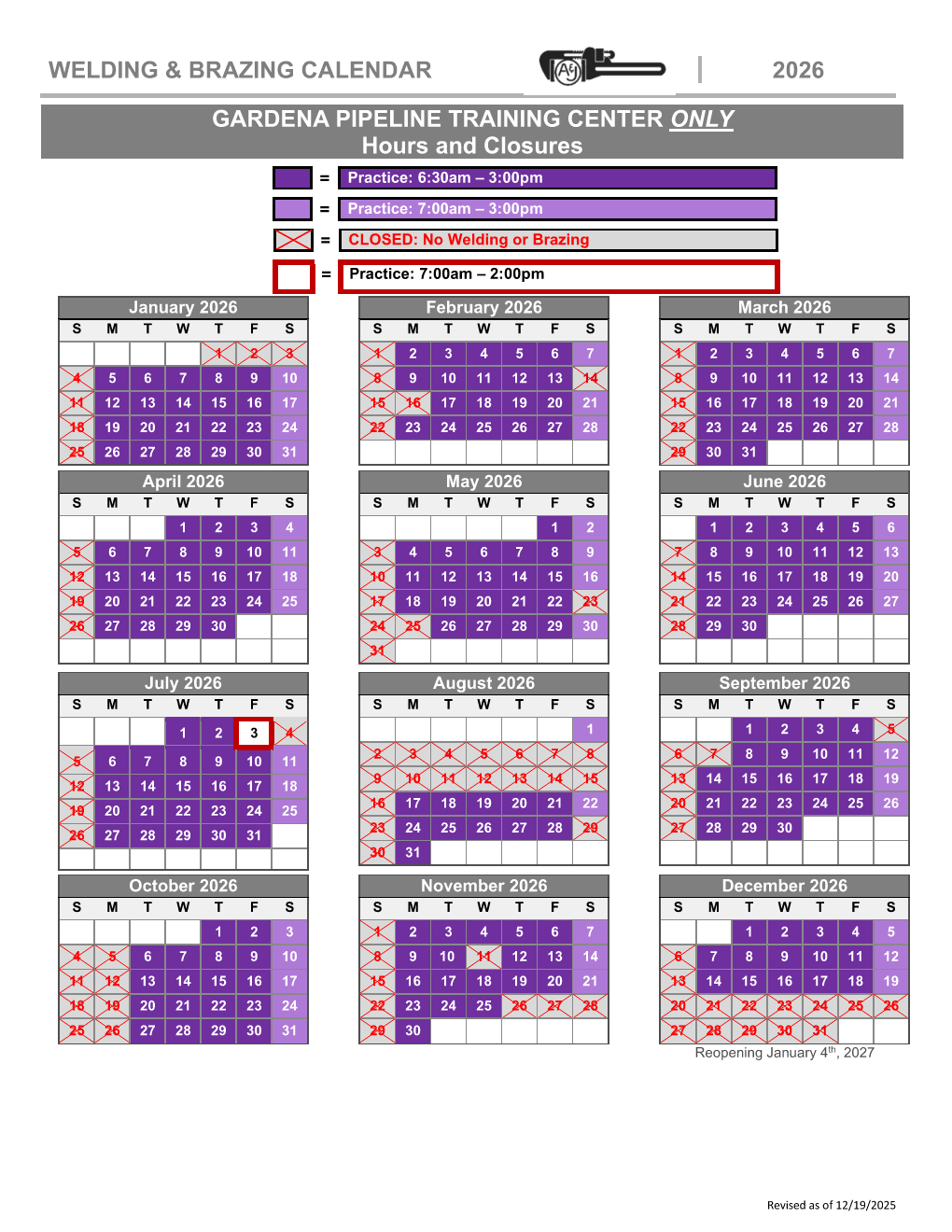 Gardena Pipeline - 2026 Welding Calendar