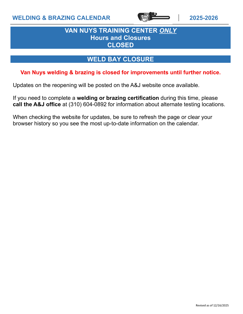 Van Nuys - Welding Calendar